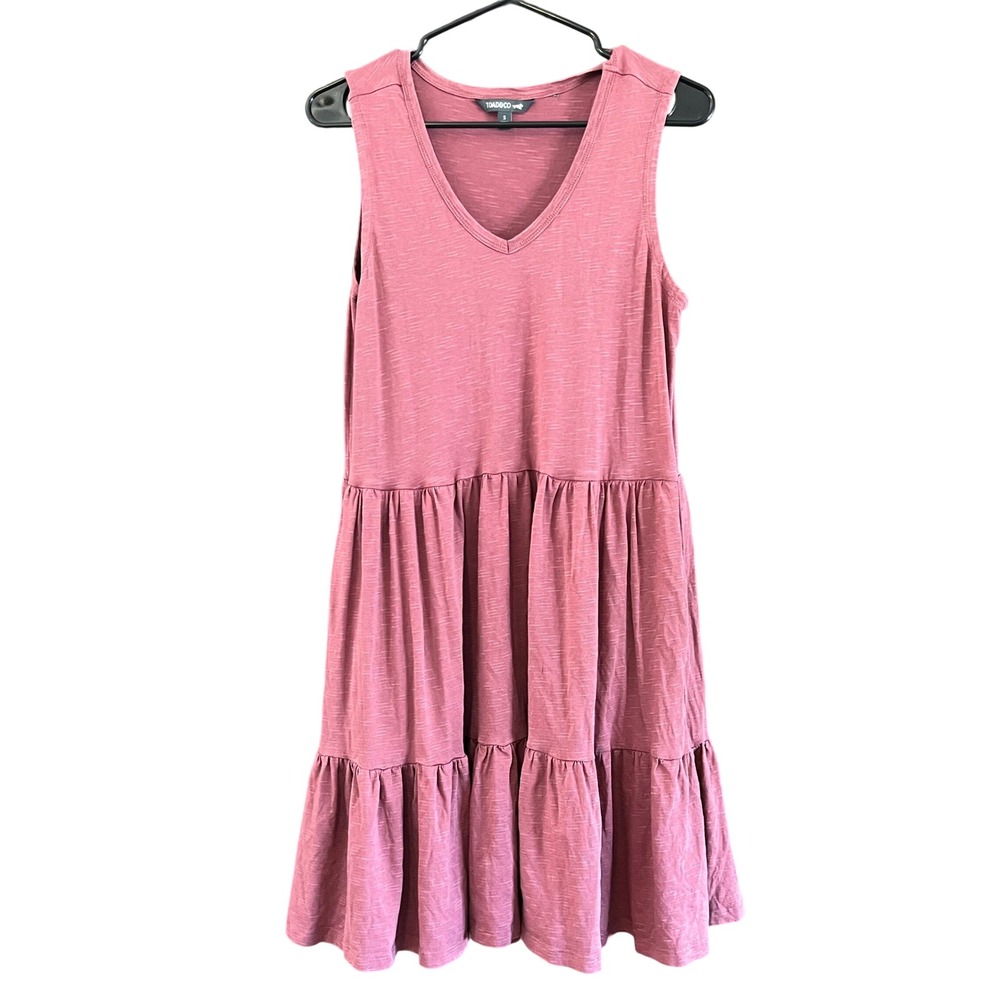 Toad&Co Rose Pink Tencel Organic Cotton Tiered Sleeveless V-Neck Pocket Dress S